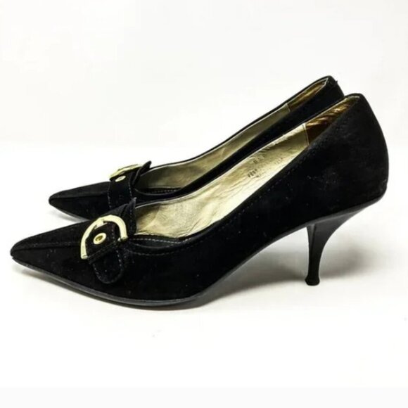 Coach Black Italian Suede Gold Buckle Pointed Toe Pumps - Size 8.5 - Picture 2 of 6